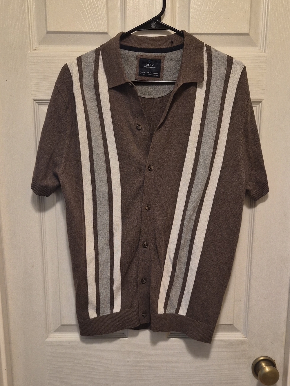 MBX Brown Short-Sleeve Button Polo Cardigan with Gray and Cream Stripes